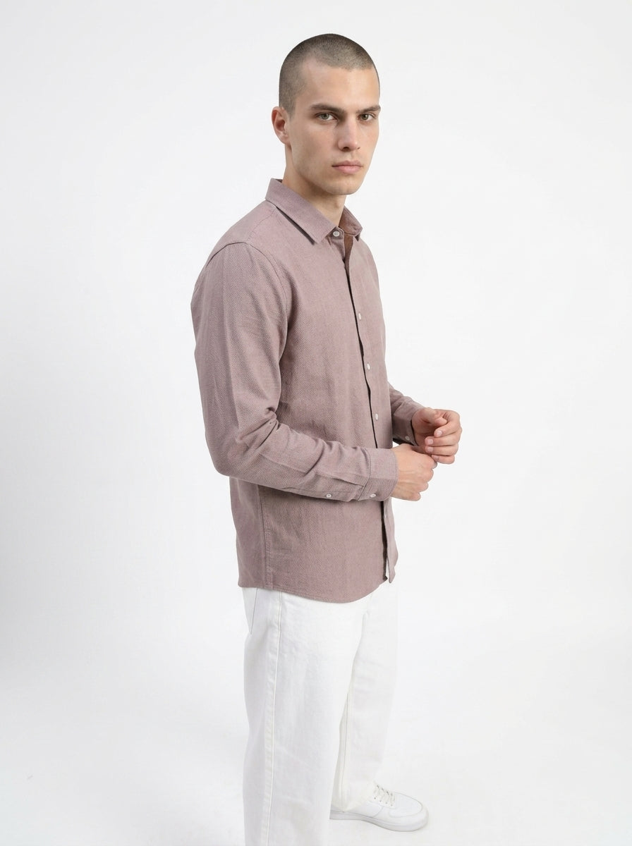 Mauve Spread Collar Solid Long Sleeves Cotton Men's Shirt