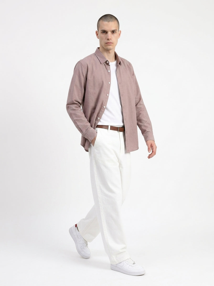 Mauve Spread Collar Solid Long Sleeves Cotton Men's Shirt