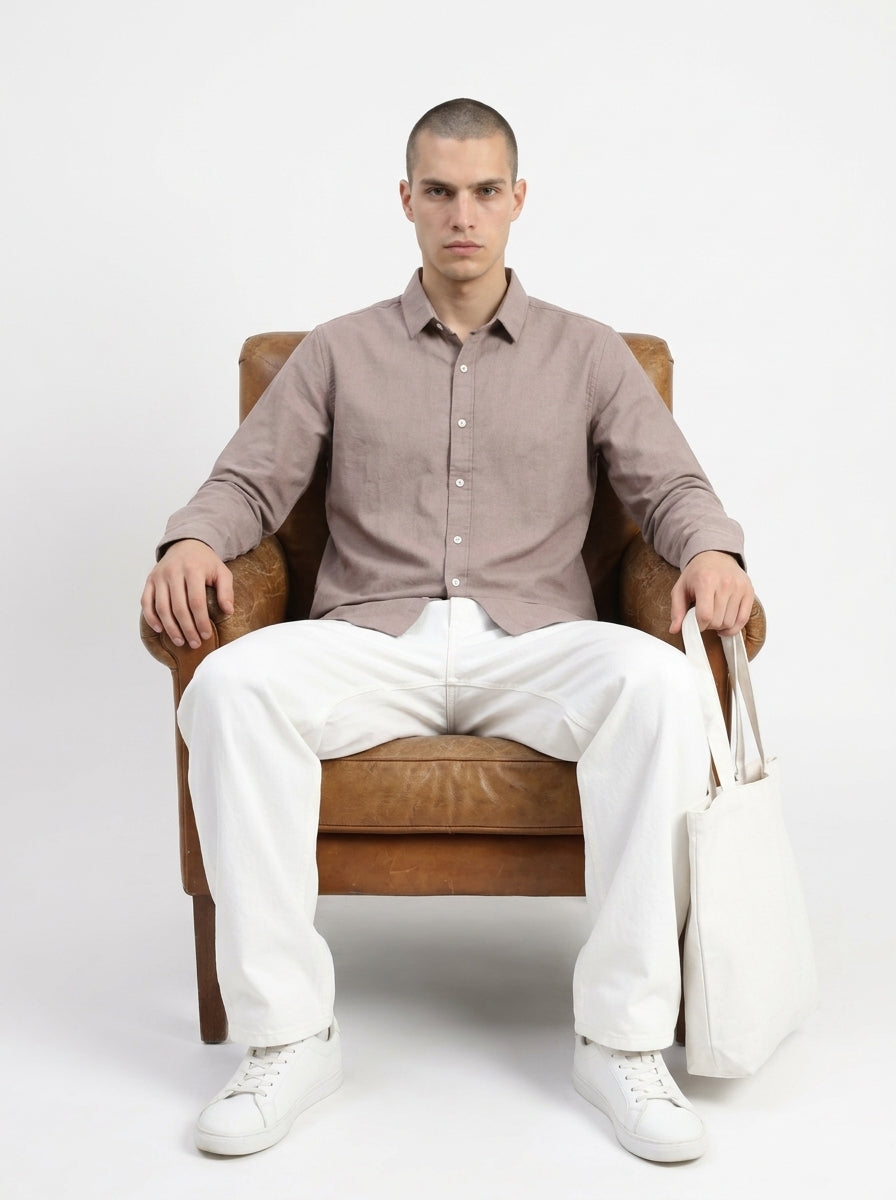 Mauve Spread Collar Solid Long Sleeves Cotton Men's Shirt
