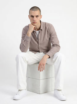 Mauve Spread Collar Solid Long Sleeves Cotton Men's Shirt