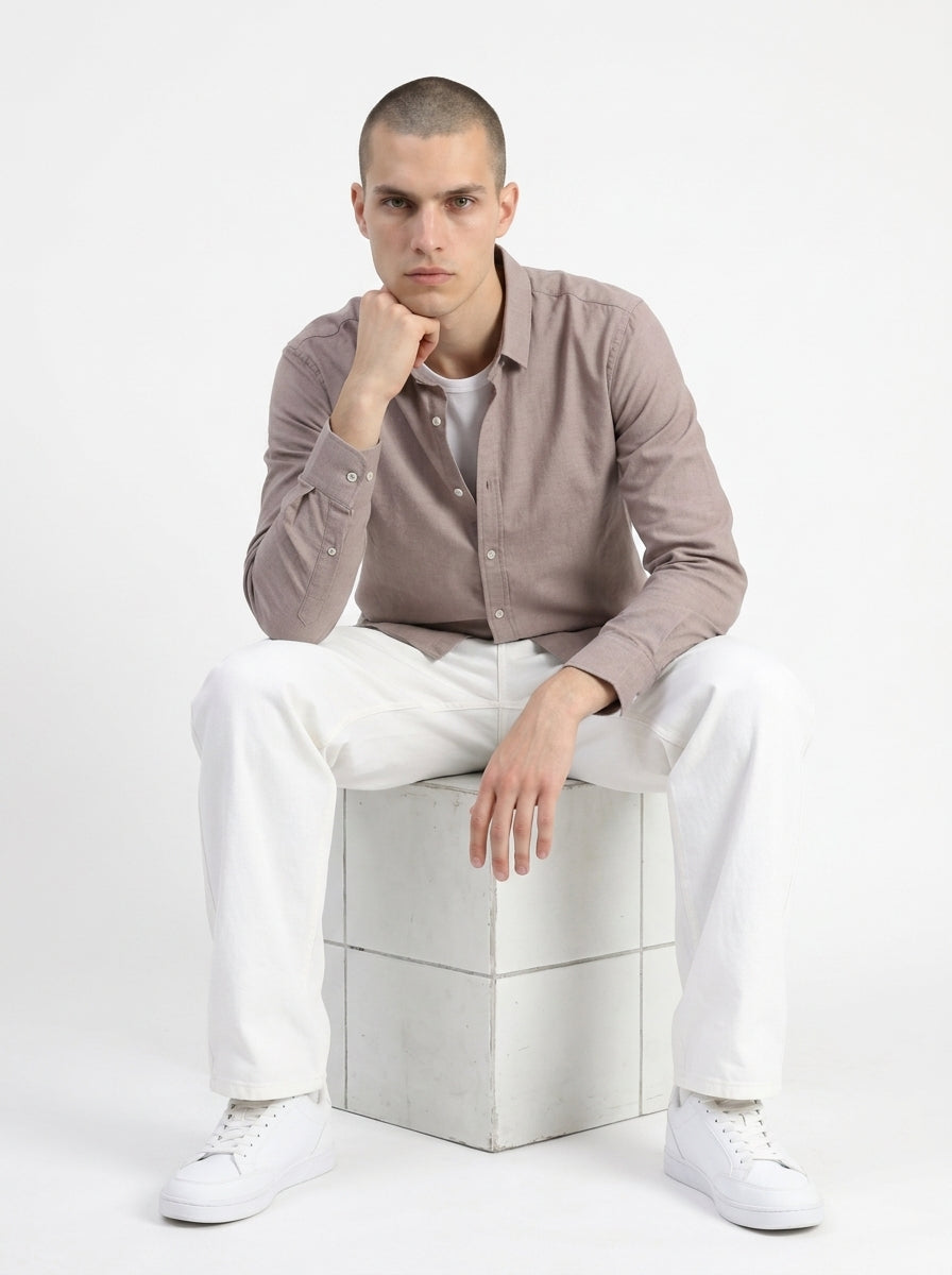 Mauve Spread Collar Solid Long Sleeves Cotton Men's Shirt