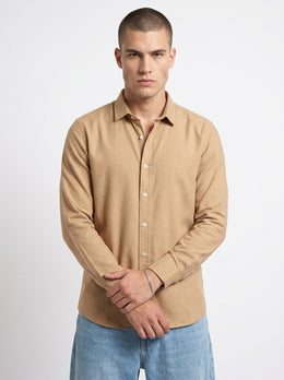 Camel Brown Spread Collar Solid Long Sleeves Cotton Men's Shirt