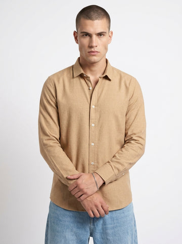 Camel Brown Spread Collar Solid Long Sleeves Cotton Men's Shirt