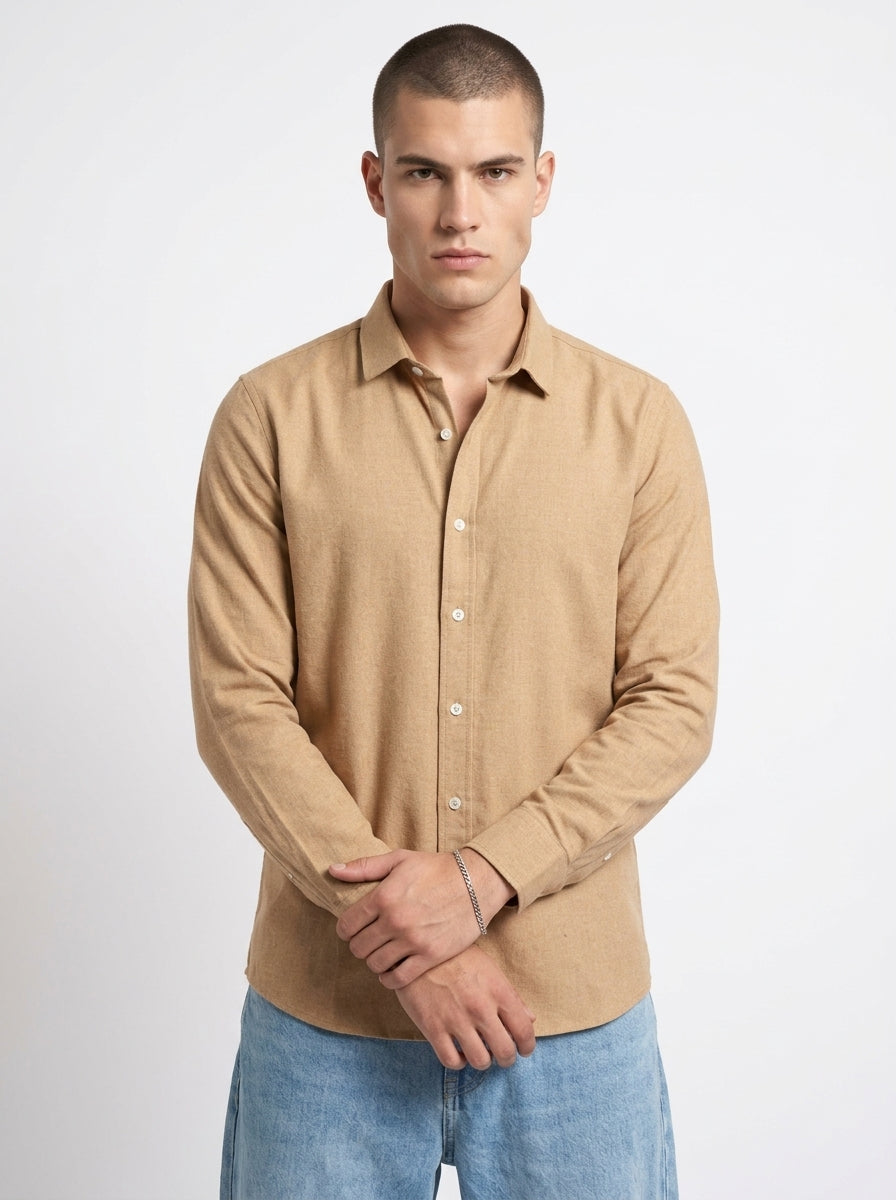 Camel Brown Spread Collar Solid Long Sleeves Cotton Men's Shirt