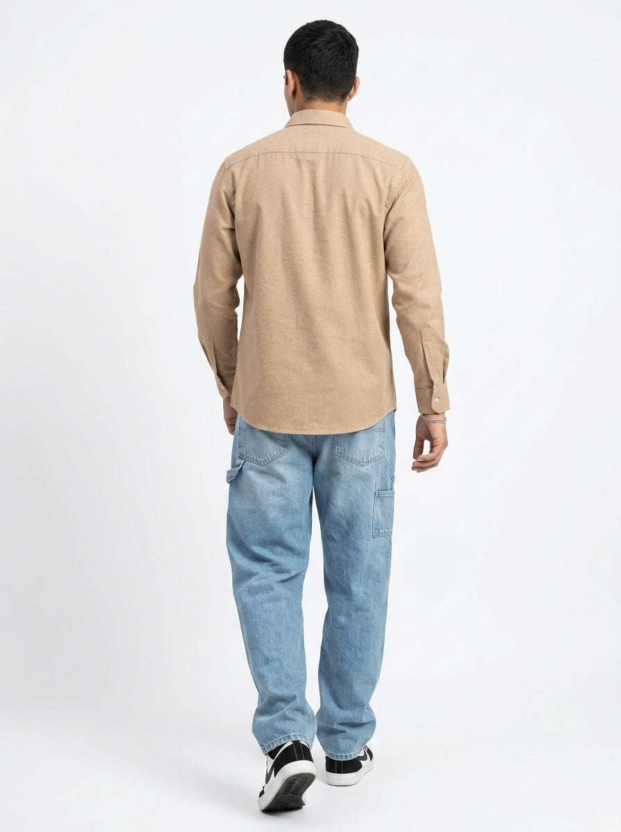 Camel Brown Spread Collar Solid Long Sleeves Cotton Men's Shirt