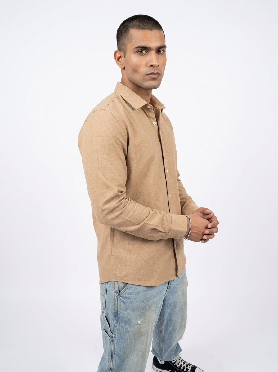 Camel Brown Spread Collar Solid Long Sleeves Cotton Men's Shirt
