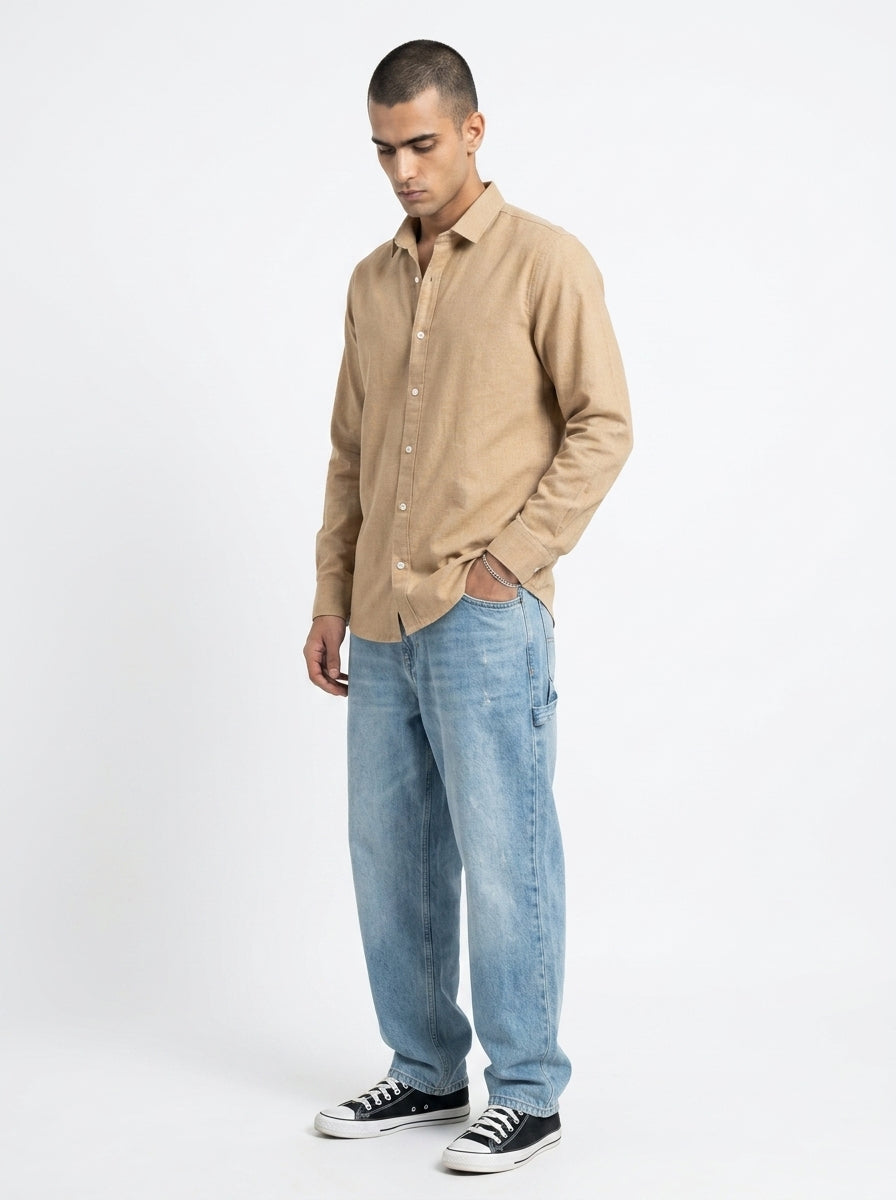 Camel Brown Spread Collar Solid Long Sleeves Cotton Men's Shirt