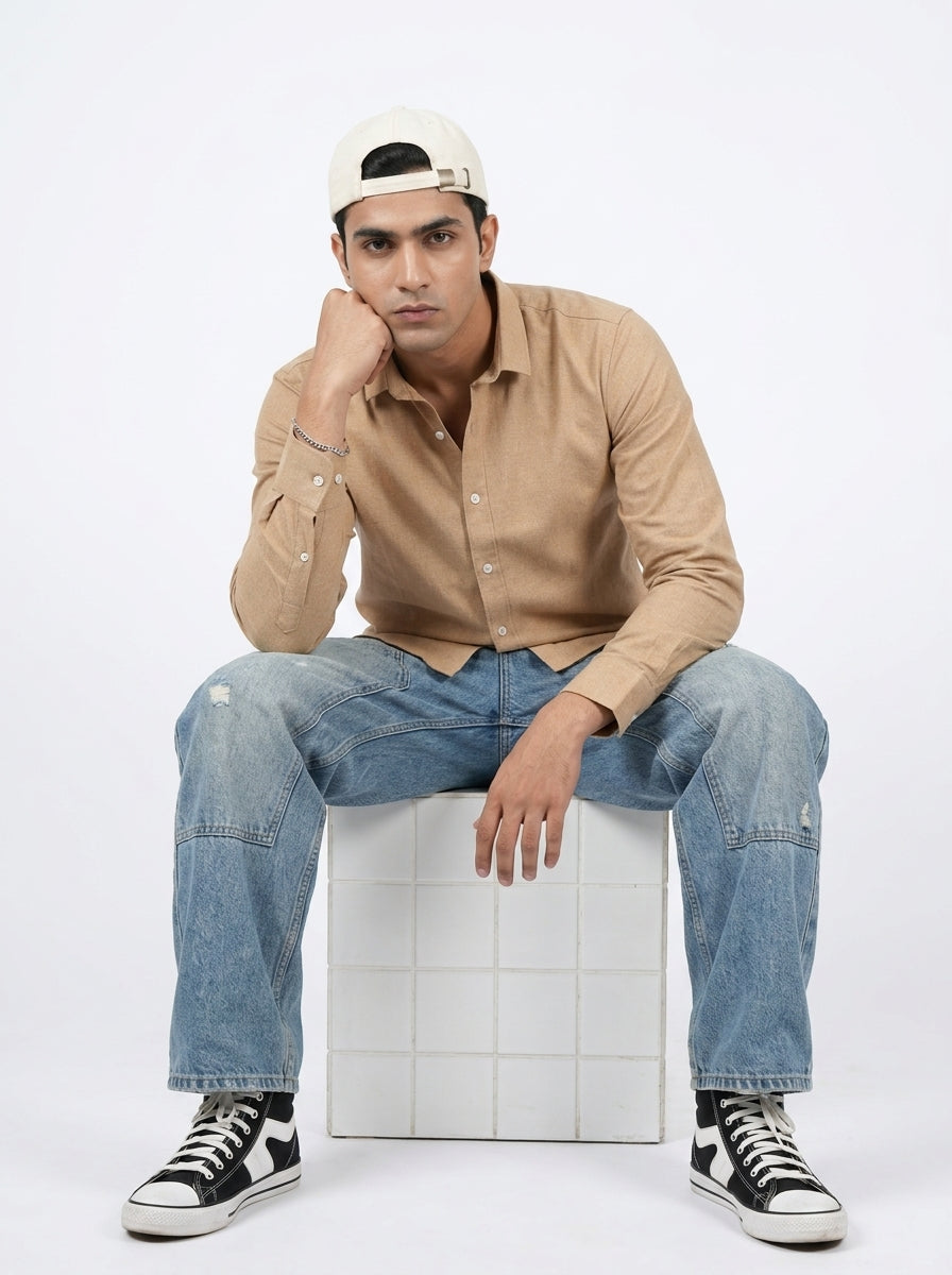 Camel Brown Spread Collar Solid Long Sleeves Cotton Men's Shirt