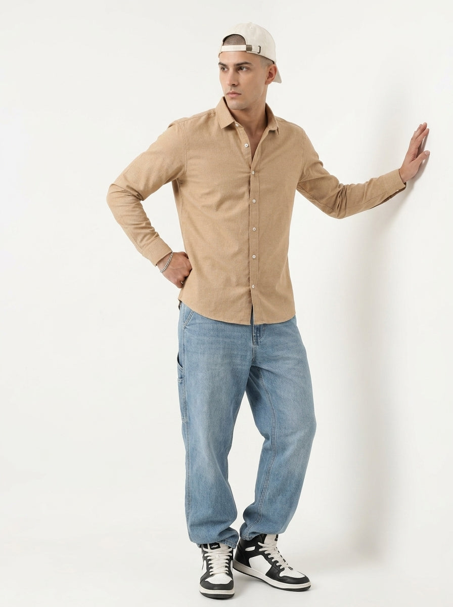 Camel Brown Spread Collar Solid Long Sleeves Cotton Men's Shirt
