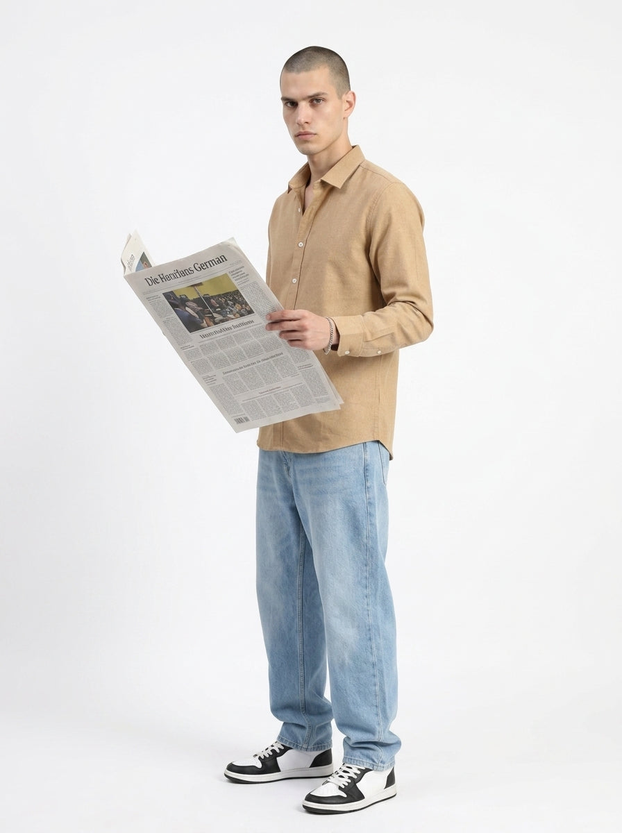 Camel Brown Spread Collar Solid Long Sleeves Cotton Men's Shirt