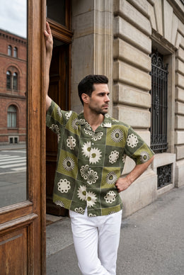 Olive Green Geometric Print Cuban Collar Casual Cotton Men's Shirt