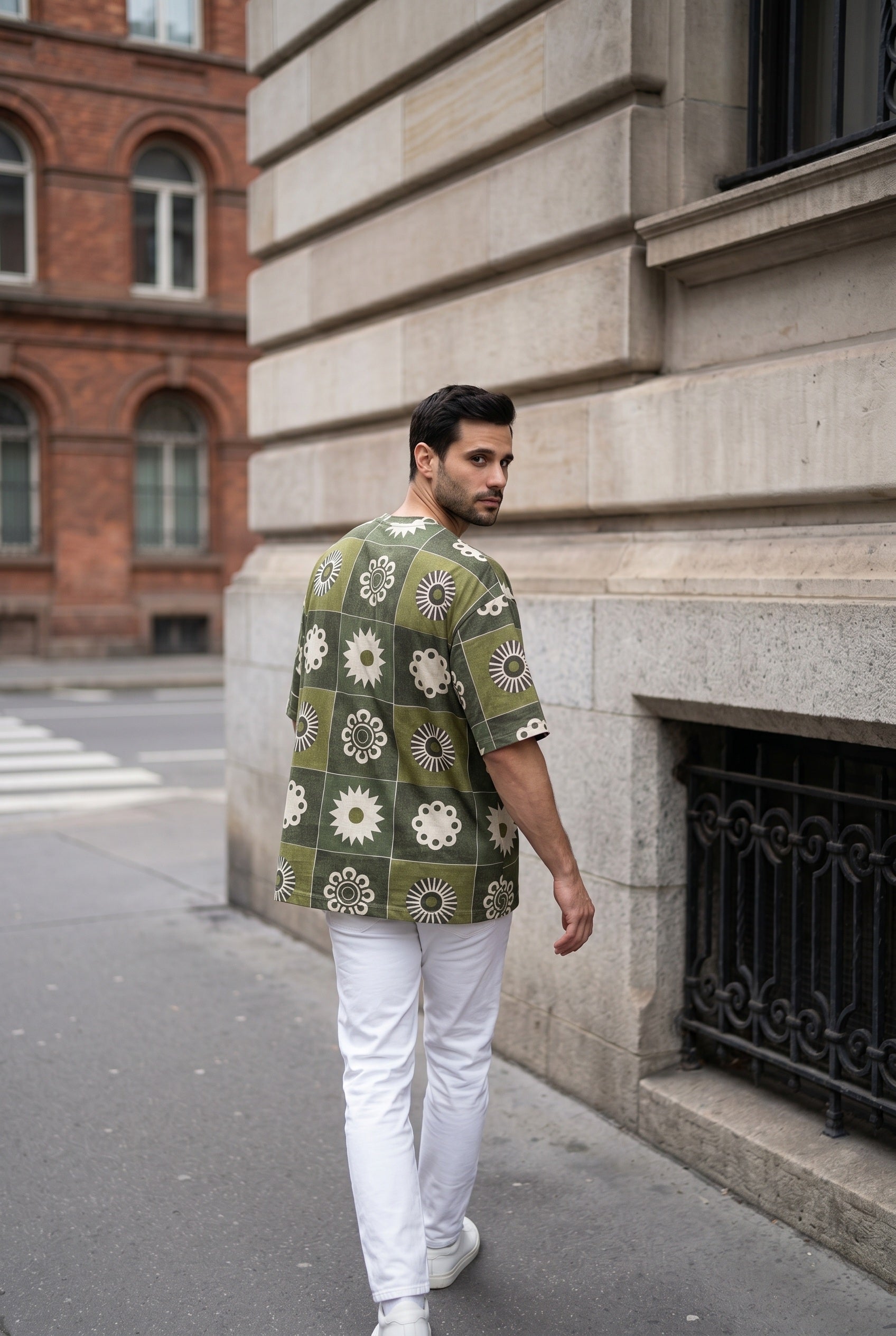 Olive Green Geometric Print Cuban Collar Casual Cotton Men's Shirt