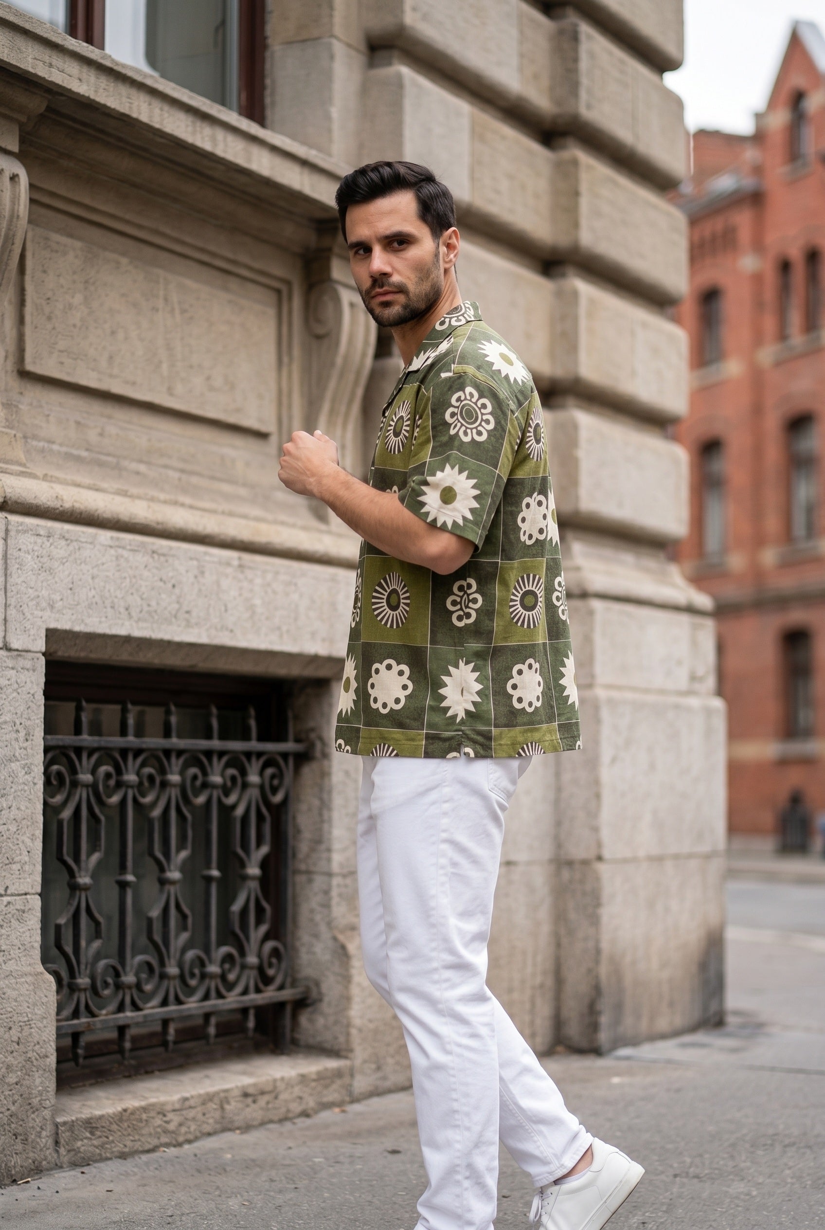 Olive Green Geometric Print Cuban Collar Casual Cotton Men's Shirt