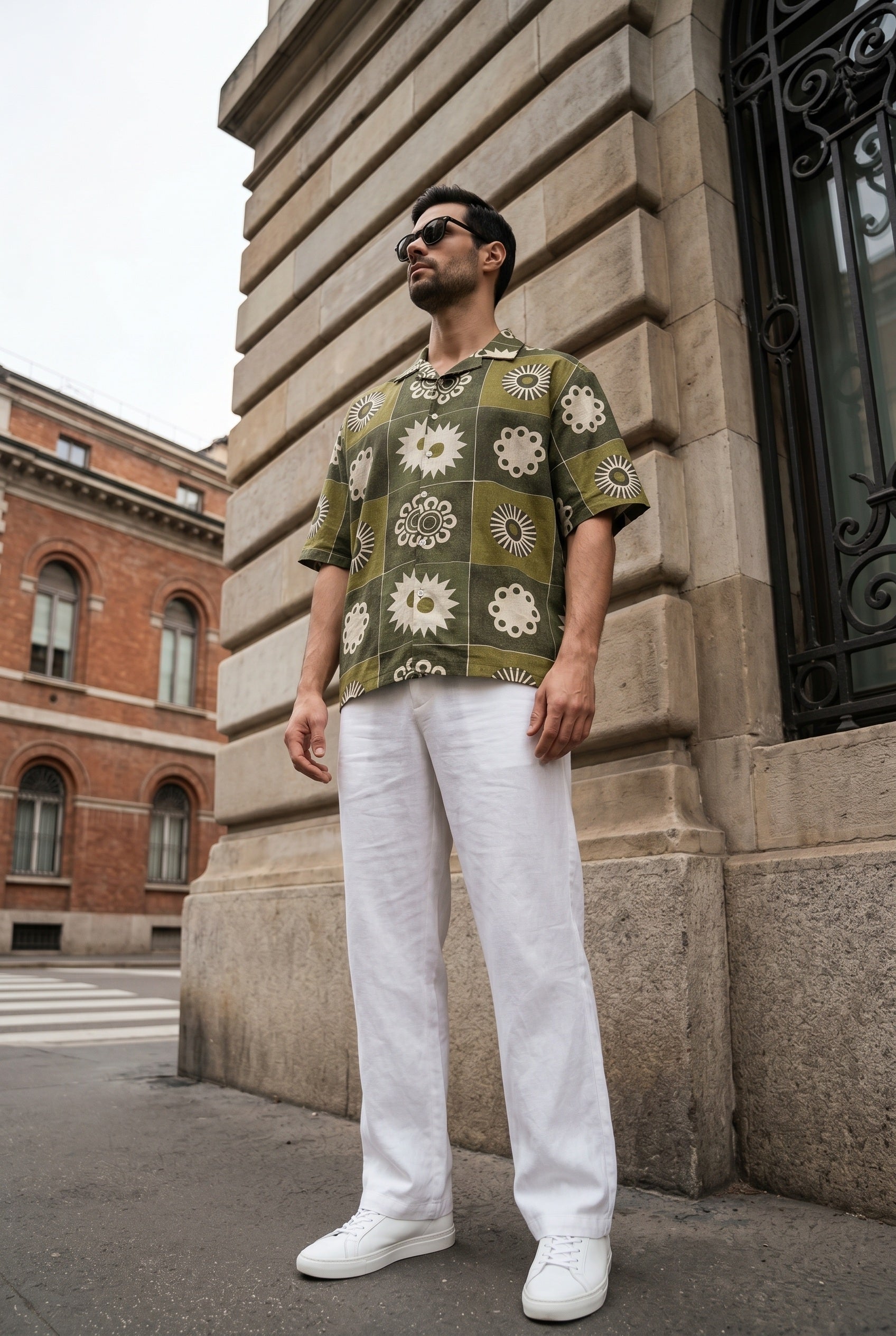 Olive Green Geometric Print Cuban Collar Casual Cotton Men's Shirt