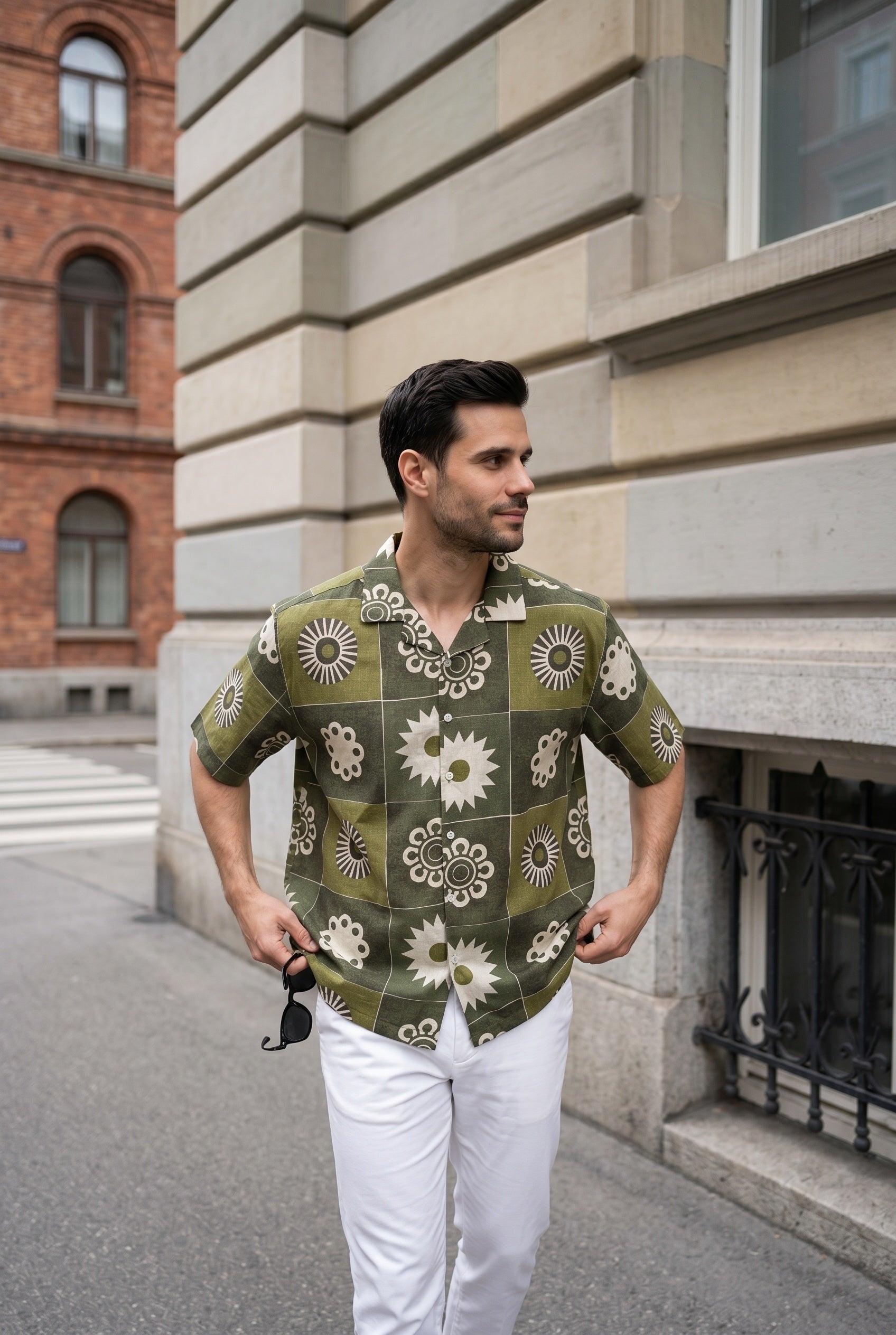 Olive Green Geometric Print Cuban Collar Casual Cotton Men's Shirt