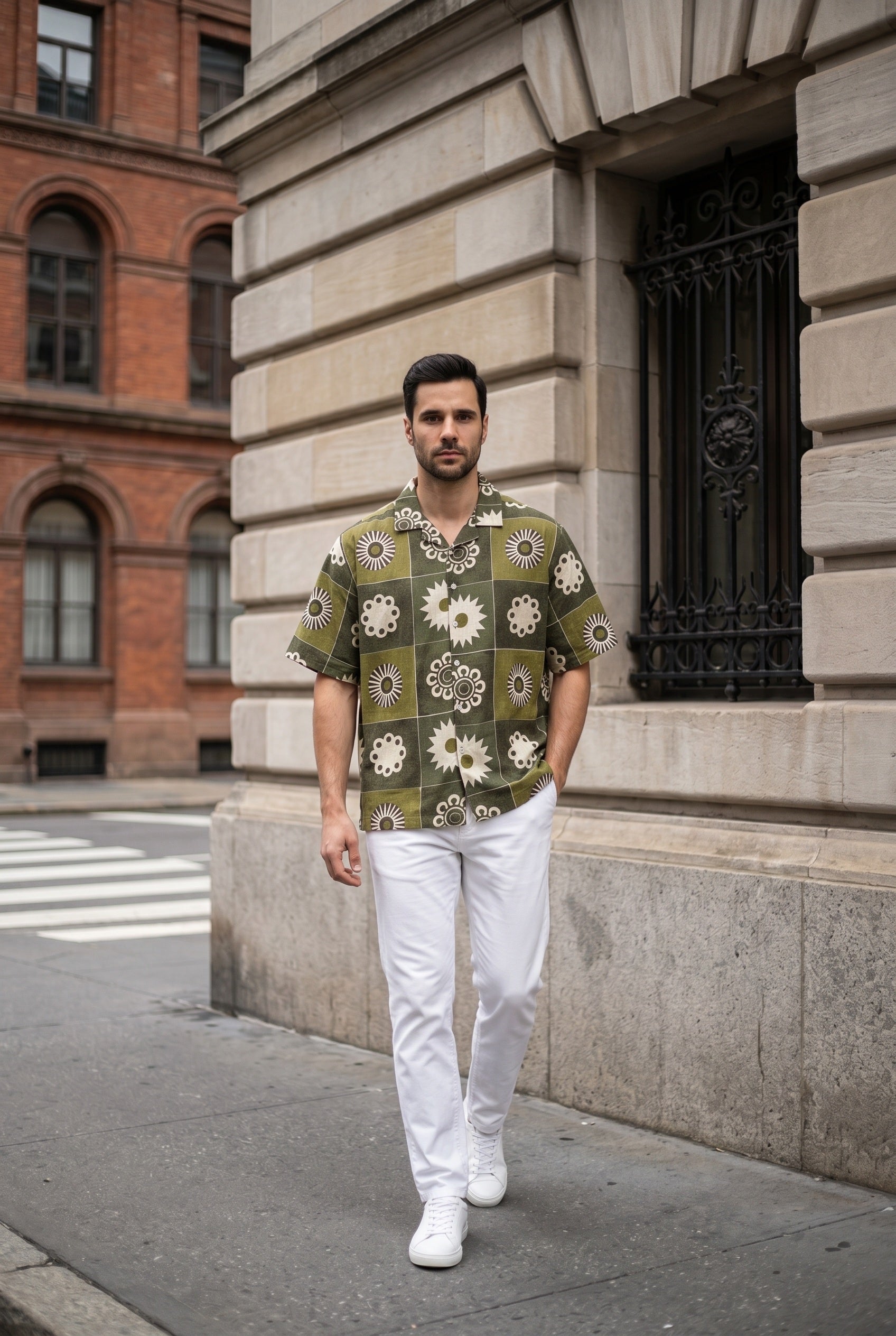 Olive Green Geometric Print Cuban Collar Casual Cotton Men's Shirt