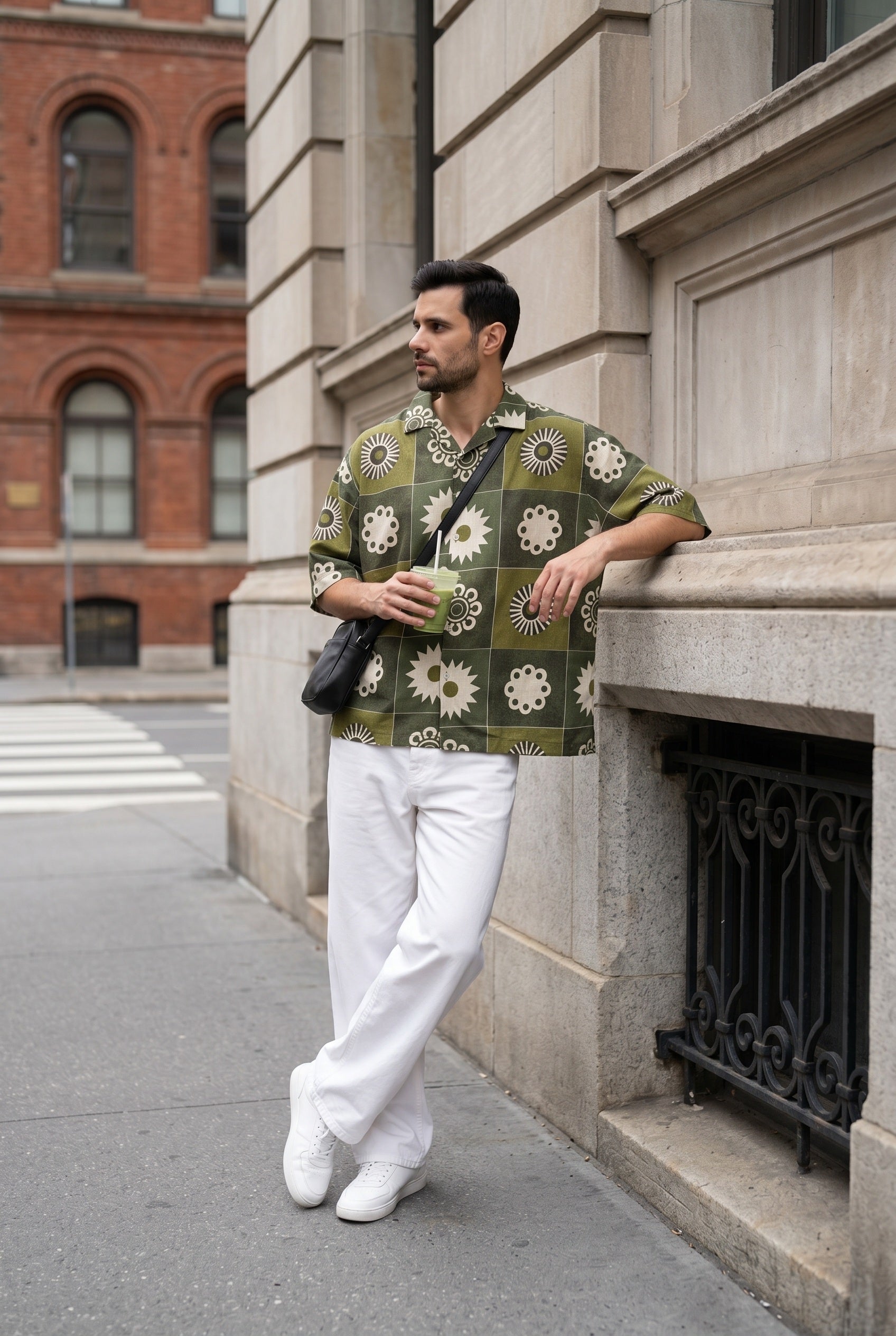 Olive Green Geometric Print Cuban Collar Casual Cotton Men's Shirt