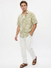 Green Band Collar Floral Print Half Sleeves Cotton Men's Shirt