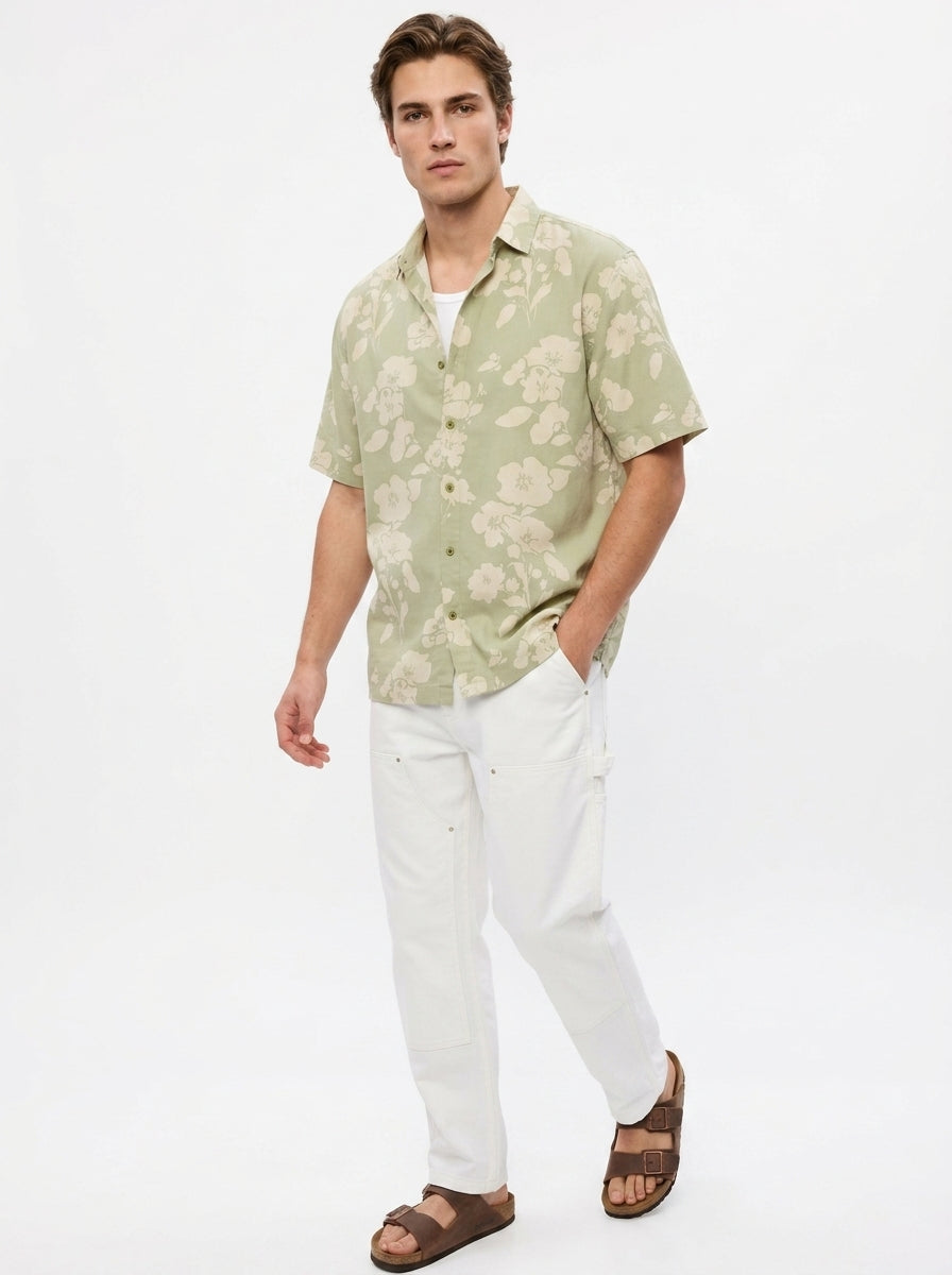 Green Band Collar Floral Print Half Sleeves Cotton Men's Shirt
