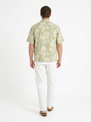 Green Band Collar Floral Print Half Sleeves Cotton Men's Shirt