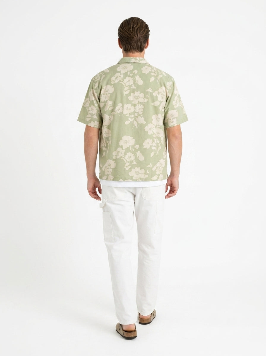 Green Band Collar Floral Print Half Sleeves Cotton Men's Shirt