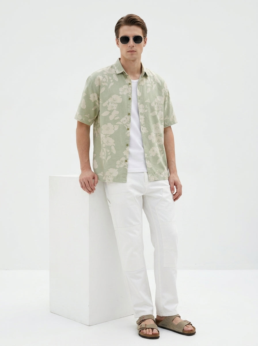 Green Band Collar Floral Print Half Sleeves Cotton Men's Shirt