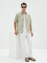 Green Band Collar Floral Print Half Sleeves Cotton Men's Shirt