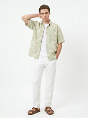 Green Band Collar Floral Print Half Sleeves Cotton Men's Shirt