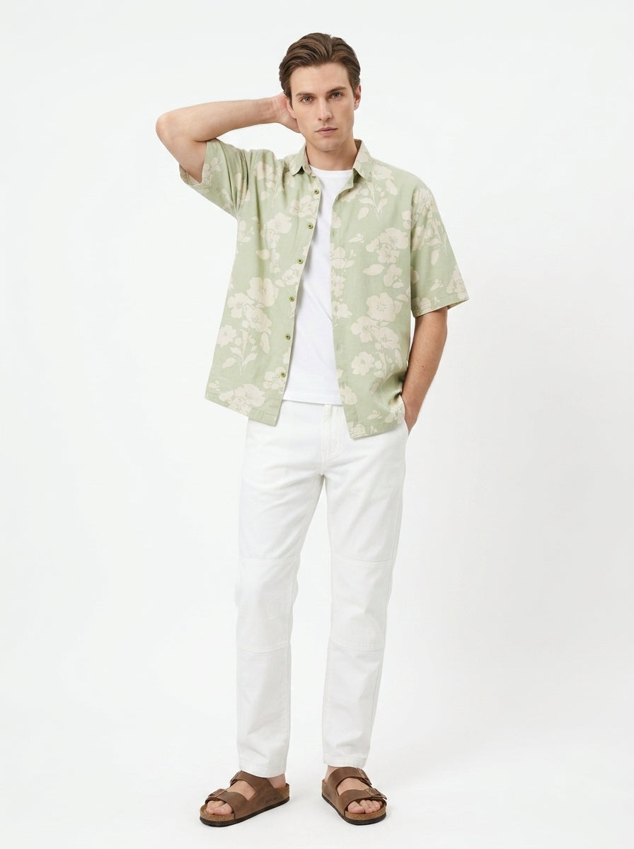 Green Band Collar Floral Print Half Sleeves Cotton Men's Shirt