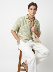 Green Band Collar Floral Print Half Sleeves Cotton Men's Shirt