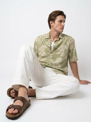 Green Band Collar Floral Print Half Sleeves Cotton Men's Shirt