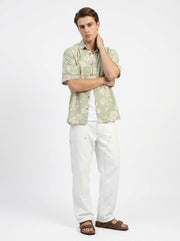 Green Band Collar Floral Print Half Sleeves Cotton Men's Shirt