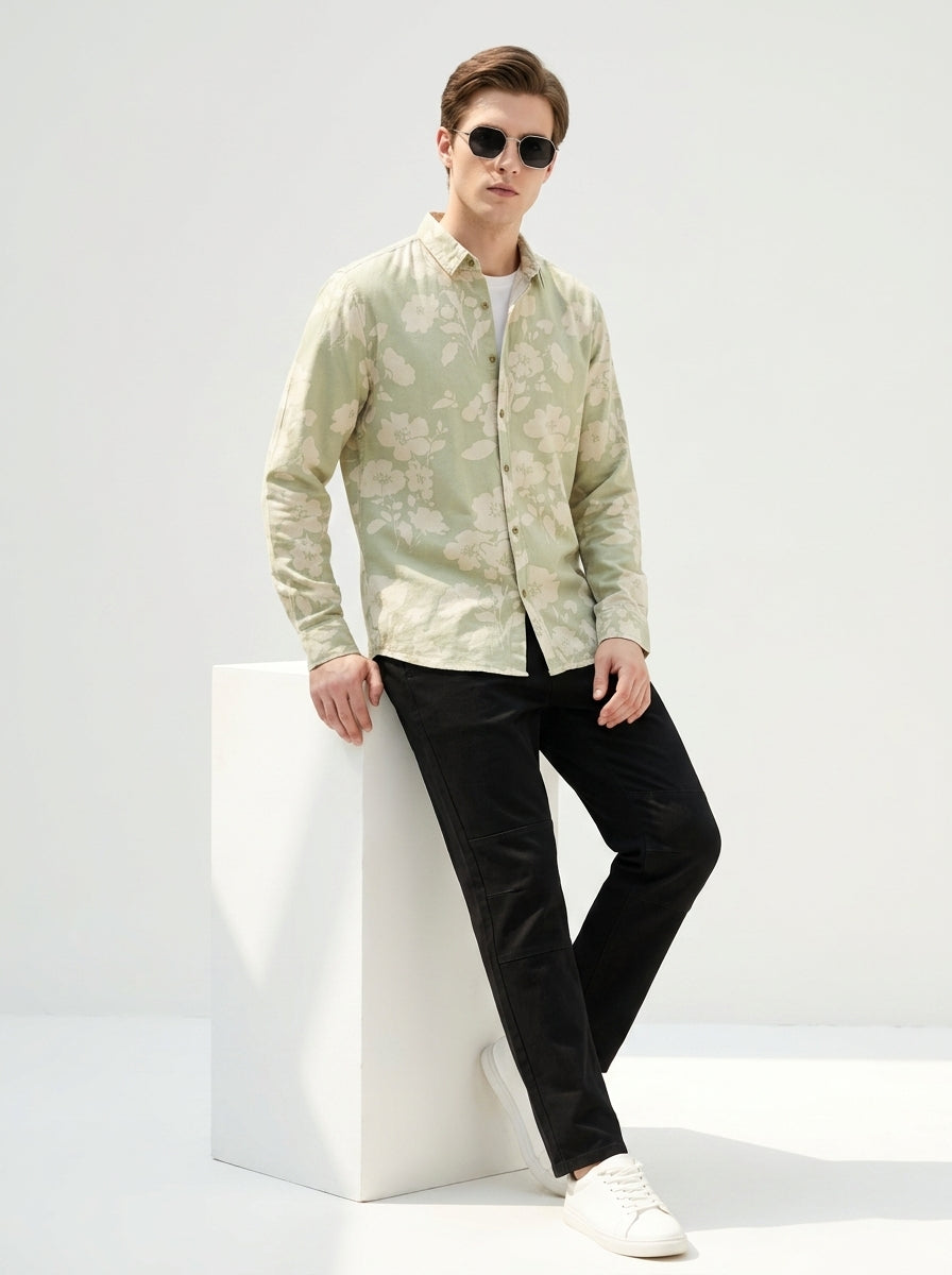 Green Band Collar Floral Print Casual Cotton Men's Shirt