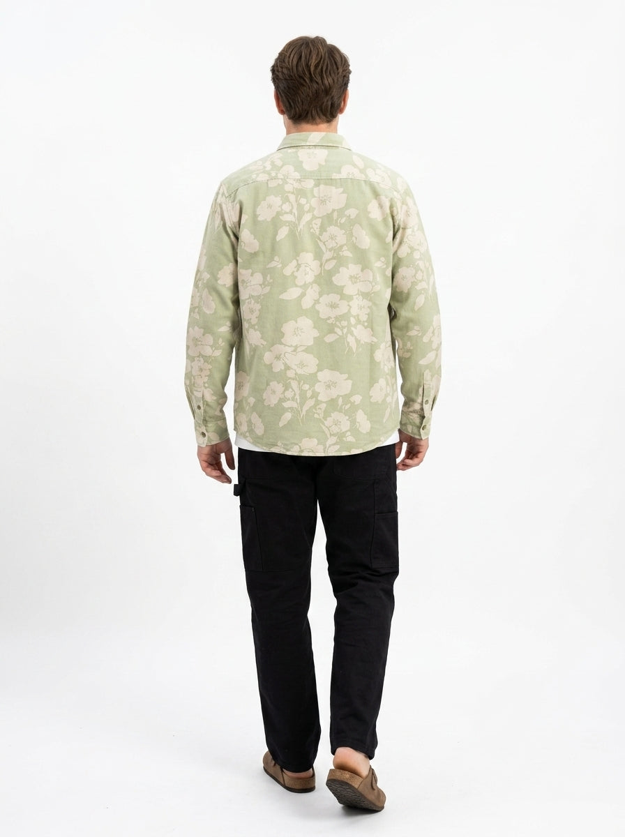 Green Band Collar Floral Print Casual Cotton Men's Shirt