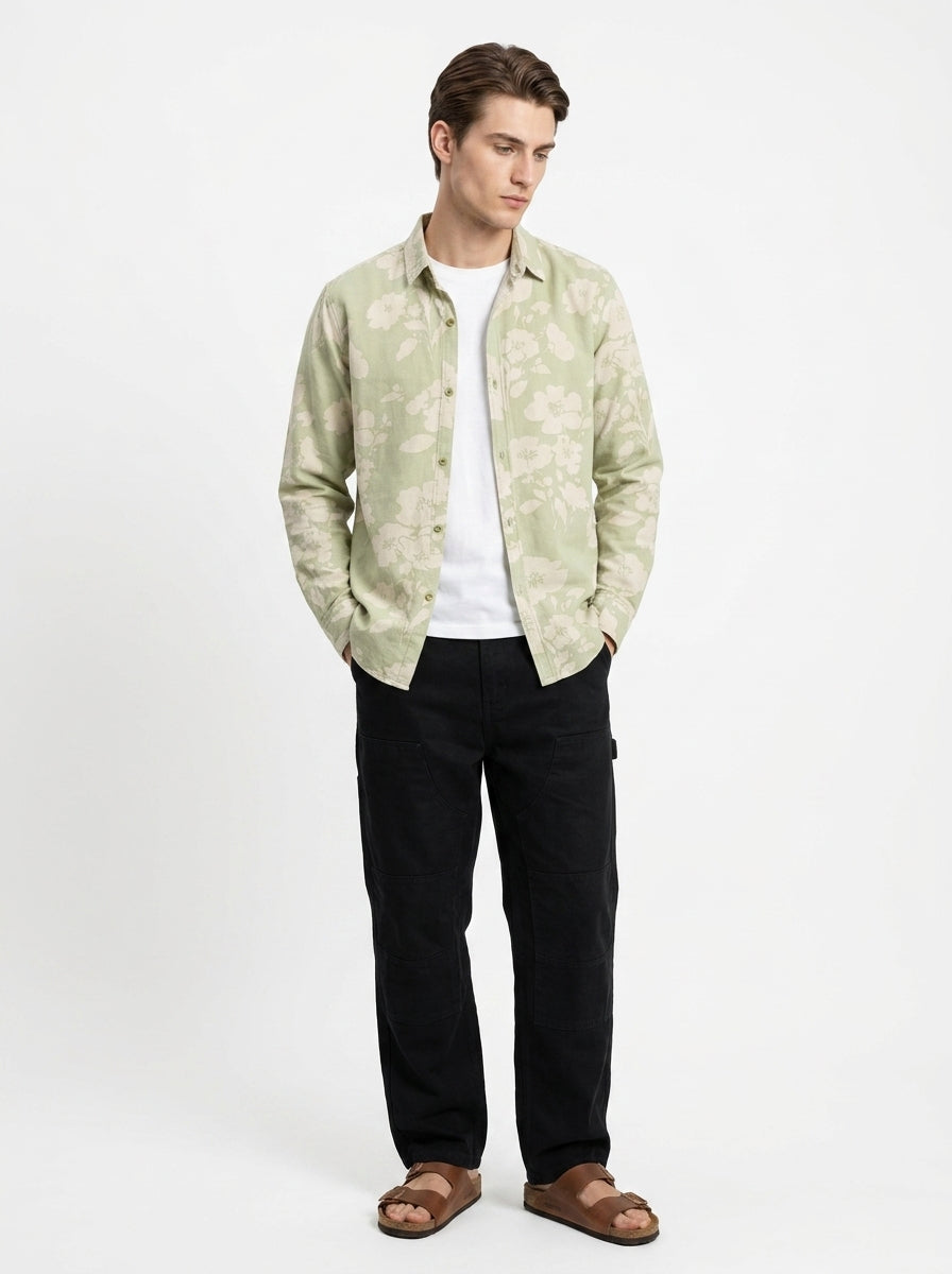 Green Band Collar Floral Print Casual Cotton Men's Shirt