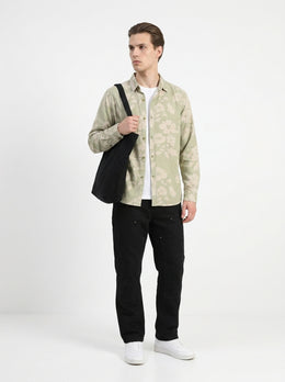 Green Band Collar Floral Print Casual Cotton Men's Shirt