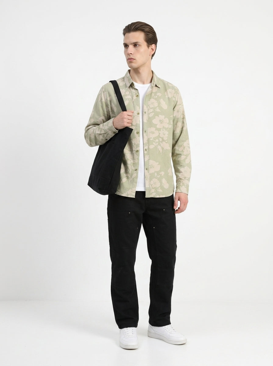 Green Band Collar Floral Print Casual Cotton Men's Shirt
