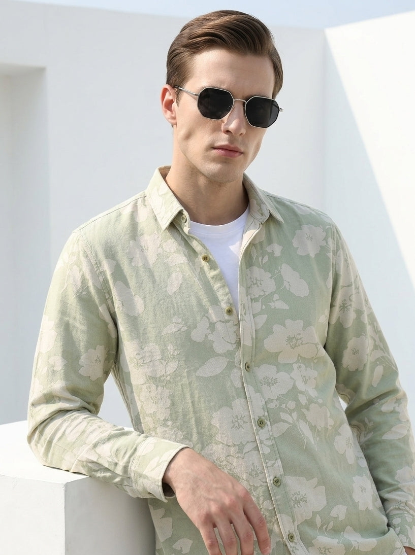 Green Band Collar Floral Print Casual Cotton Men's Shirt