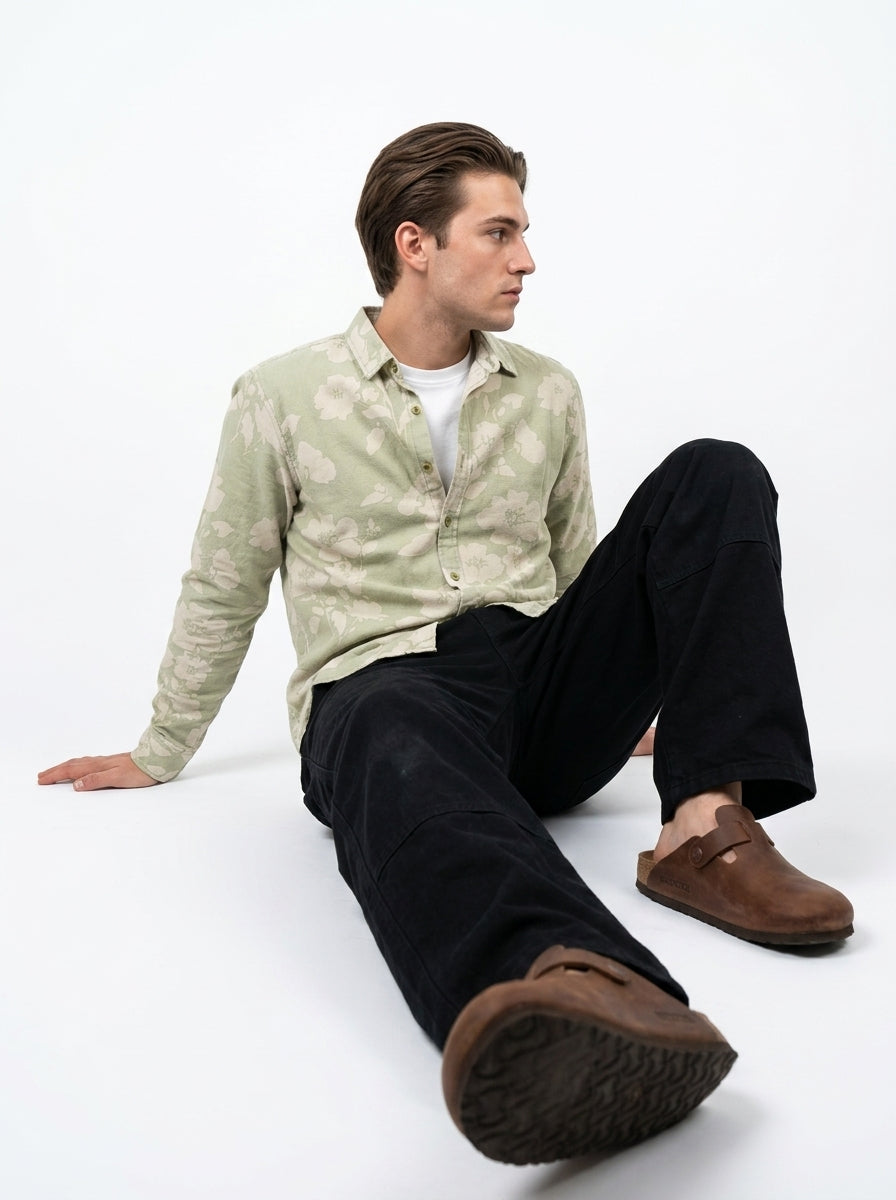 Green Band Collar Floral Print Casual Cotton Men's Shirt