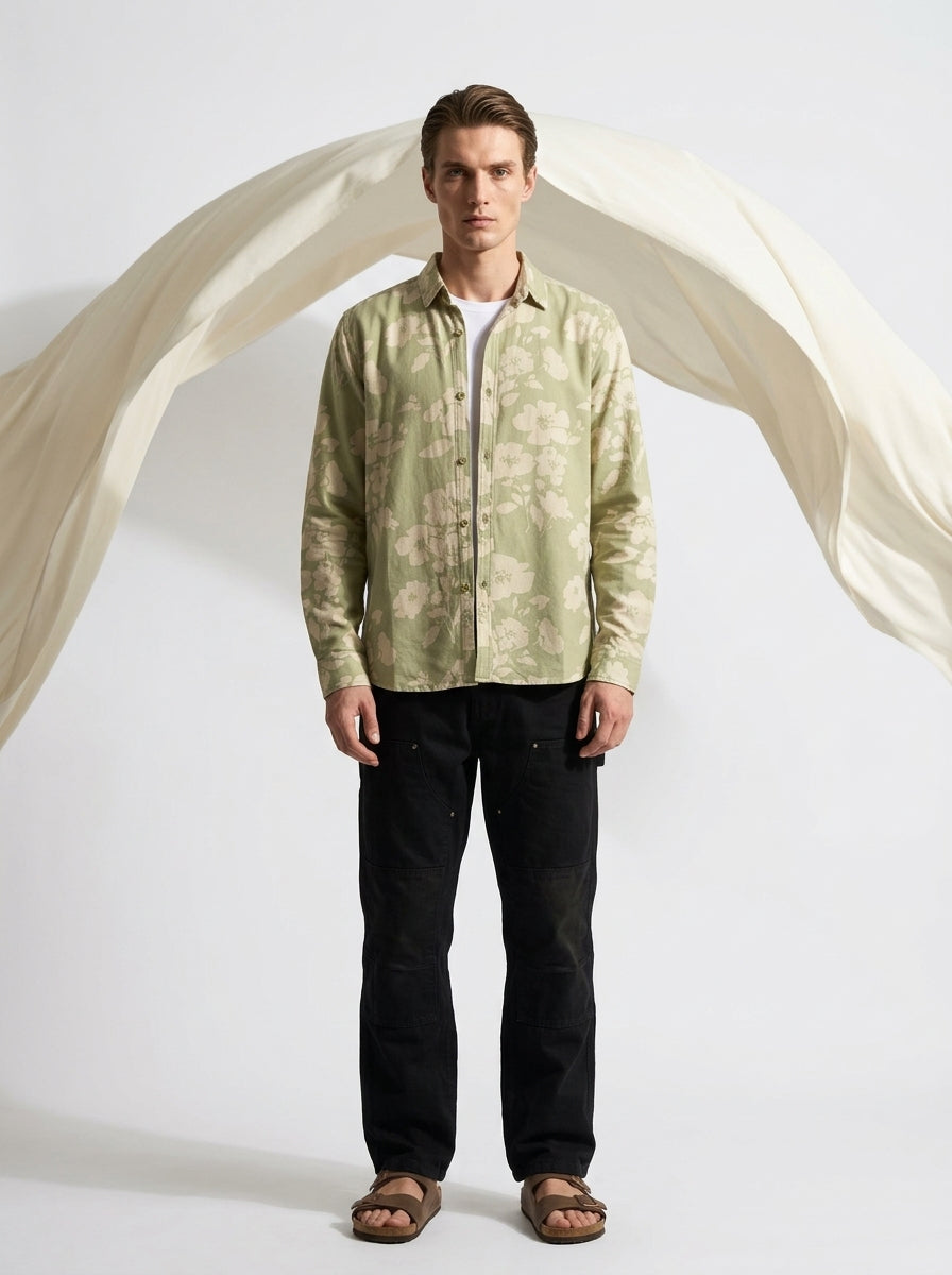Green Band Collar Floral Print Casual Cotton Men's Shirt