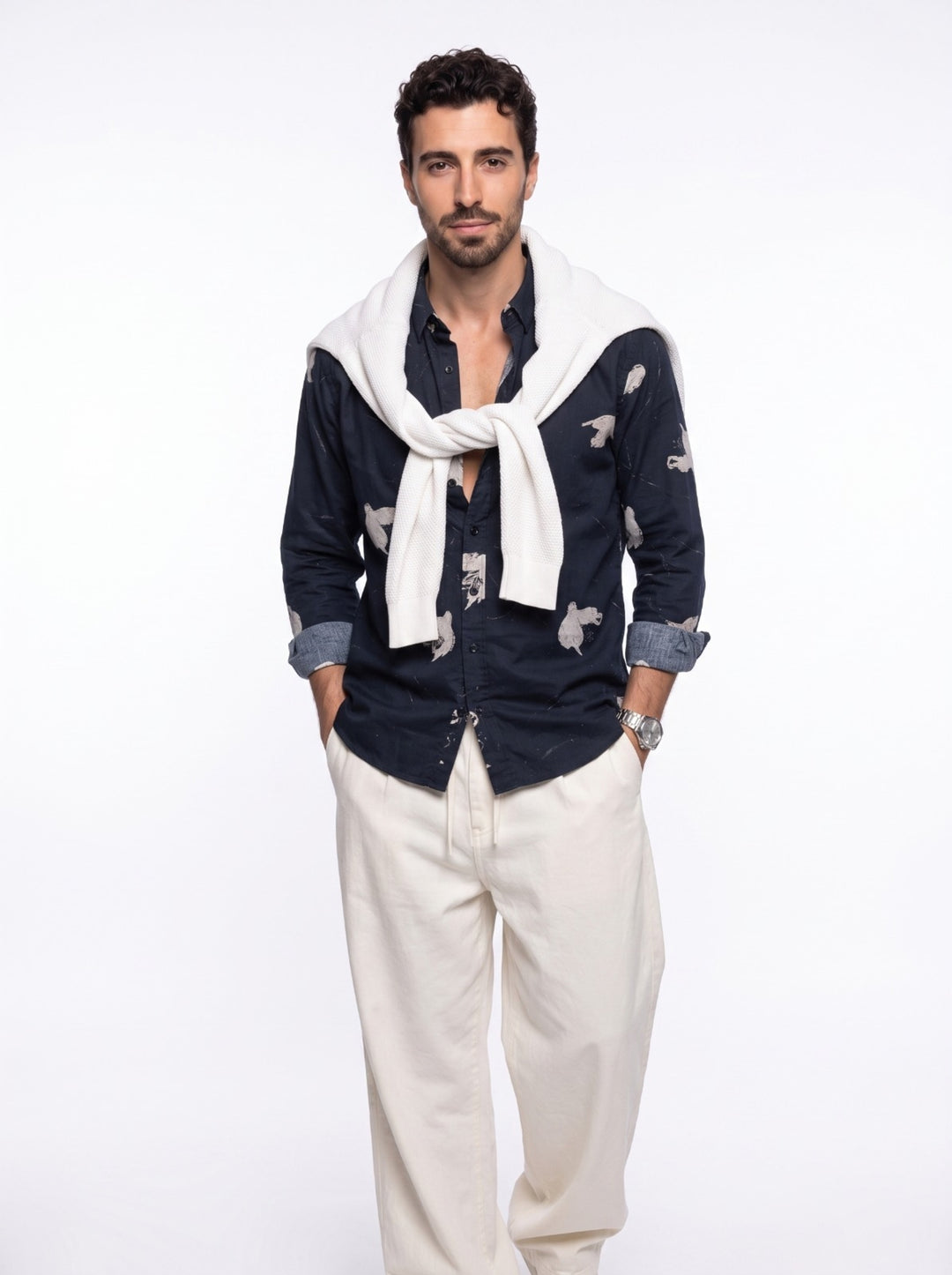 Navy Blue Band Collar Abstract Print Casual Cotton Men's Shirt
