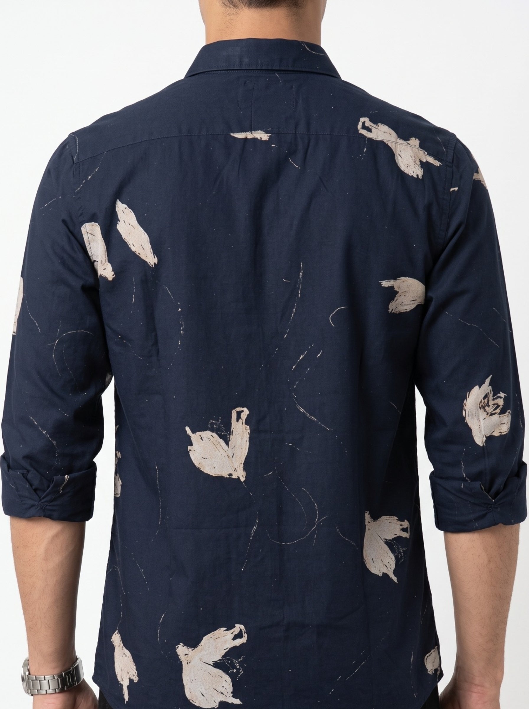 Navy Blue Band Collar Abstract Print Casual Cotton Men's Shirt