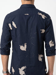Navy Blue Band Collar Abstract Print Casual Cotton Men's Shirt