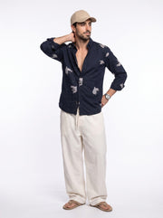 Navy Blue Band Collar Abstract Print Casual Cotton Men's Shirt