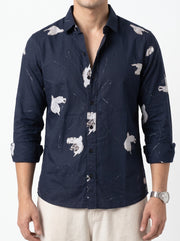 Navy Blue Band Collar Abstract Print Casual Cotton Men's Shirt