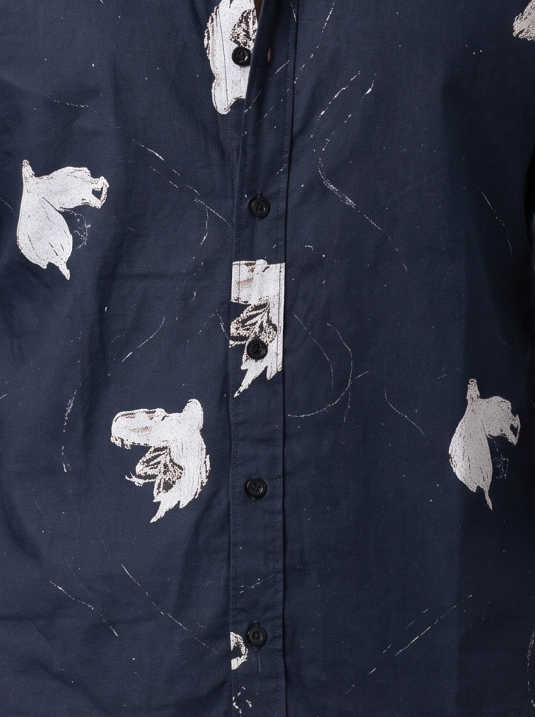 Navy Blue Band Collar Abstract Print Casual Cotton Men's Shirt