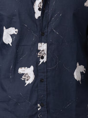 Navy Blue Band Collar Abstract Print Casual Cotton Men's Shirt