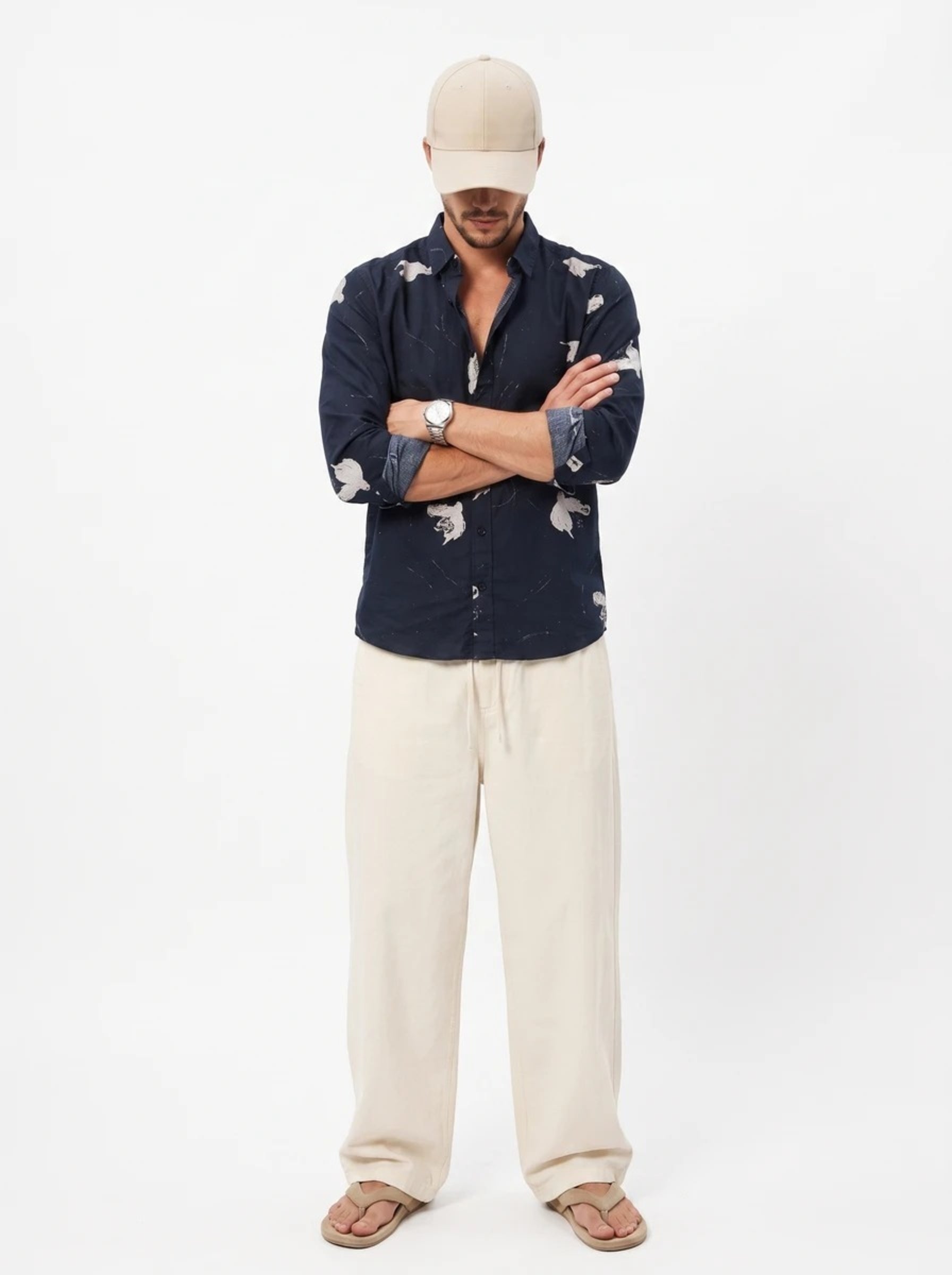 Navy Blue Band Collar Abstract Print Casual Cotton Men's Shirt
