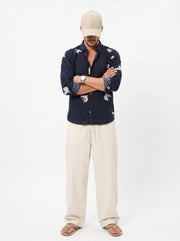 Navy Blue Band Collar Abstract Print Casual Cotton Men's Shirt