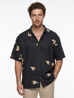 Black Band Collar Floral Print Casual Cotton Men's Shirt